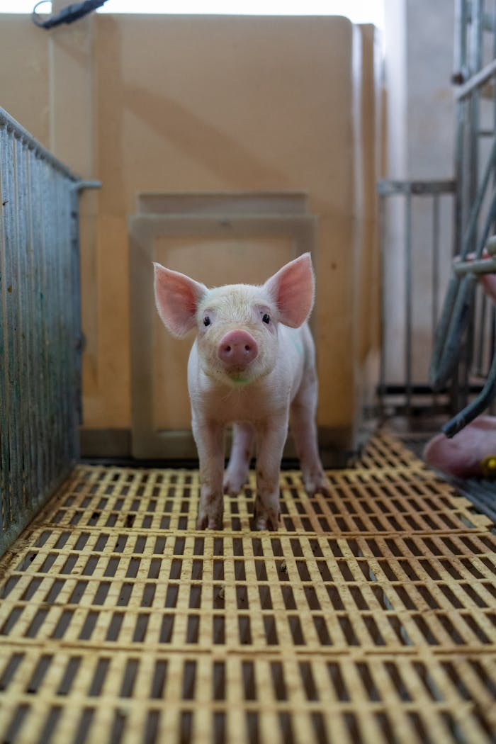 gallery-4 Adorable piglet standing on slatted flooring in a modern indoor farm environment.